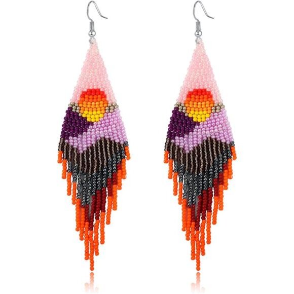 Handmade Boho Multicolor Beaded Tassel Earrings | Long Fringe - Picture 1 of 4